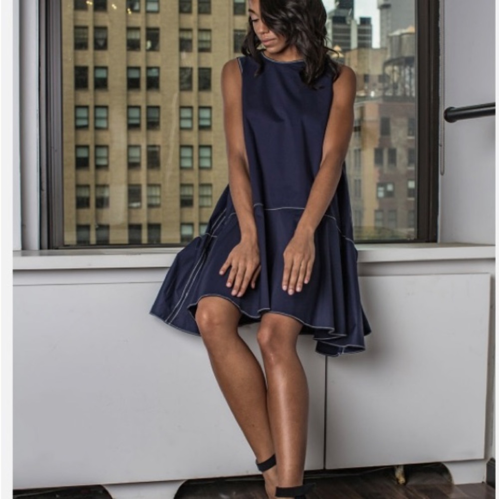 Contrast Stitch Mini Dress Navy Blue NWOT Sz S
